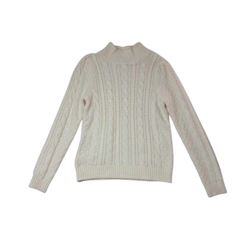 Ann Taylor Sweater Women's Large Petite Cream Cable Knit Mock Neck Fisherman